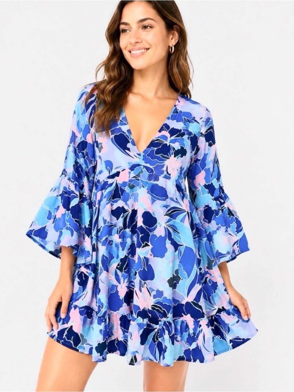 Anthropologie Label of Love Colorful Floral Bell Sleeve Tunic Mini Dress